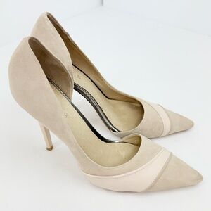 L.A.M.B Tan Suede Patent Leather Pointed Toe Neutral Stiletto Heels